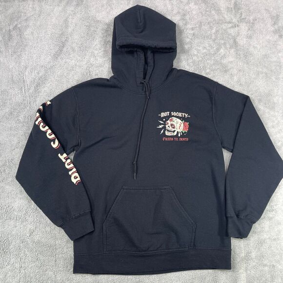 Riot Society Hoodie Men Small Back Cotton Fiesta Til Death Skulls Tress Pullover - Picture 1 of 12
